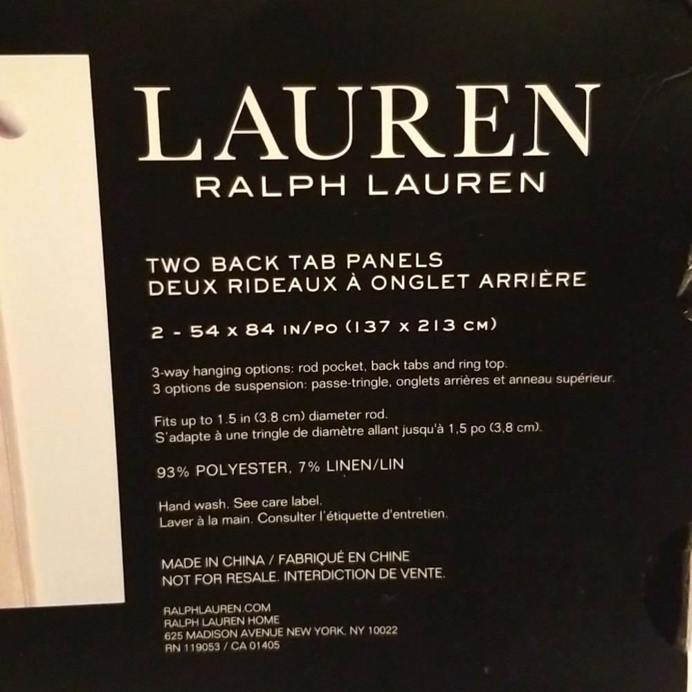 Lauren Ralph Lauren Set of 2 Back Tab Panels (CURTAINS) - 54"×84";  MARLEY style - Picture 3 of 4
